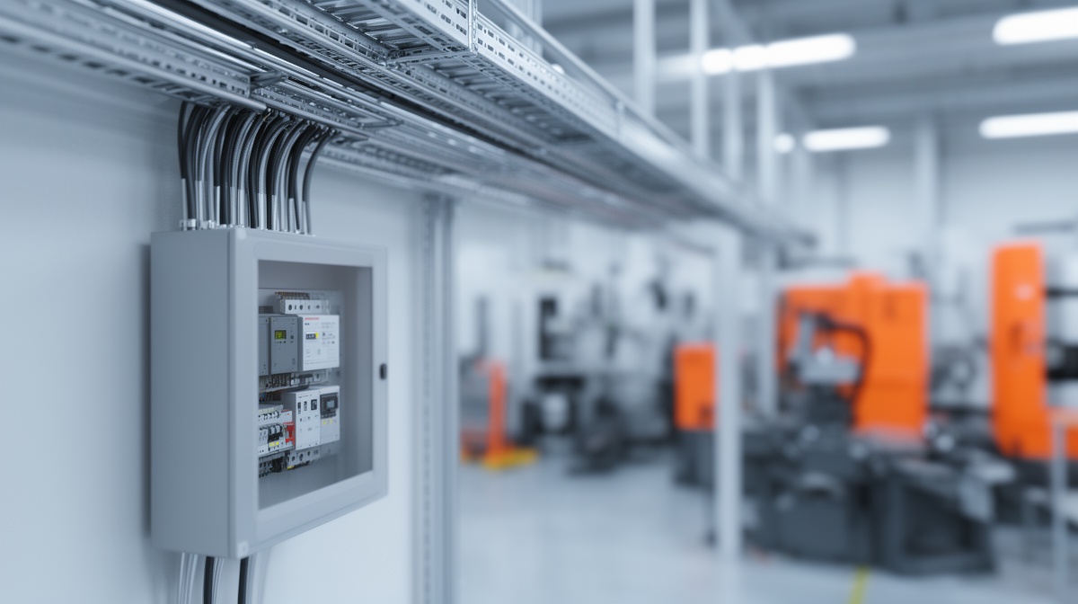 Nave industrial con cuadro eléctrico en pared y bandejas de cables por el techo